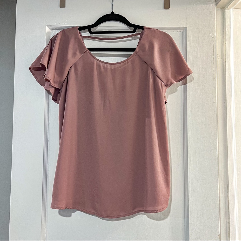 PINK ROSE Flowy Open Back Short Sleeve Blouse Top Mauve Size M